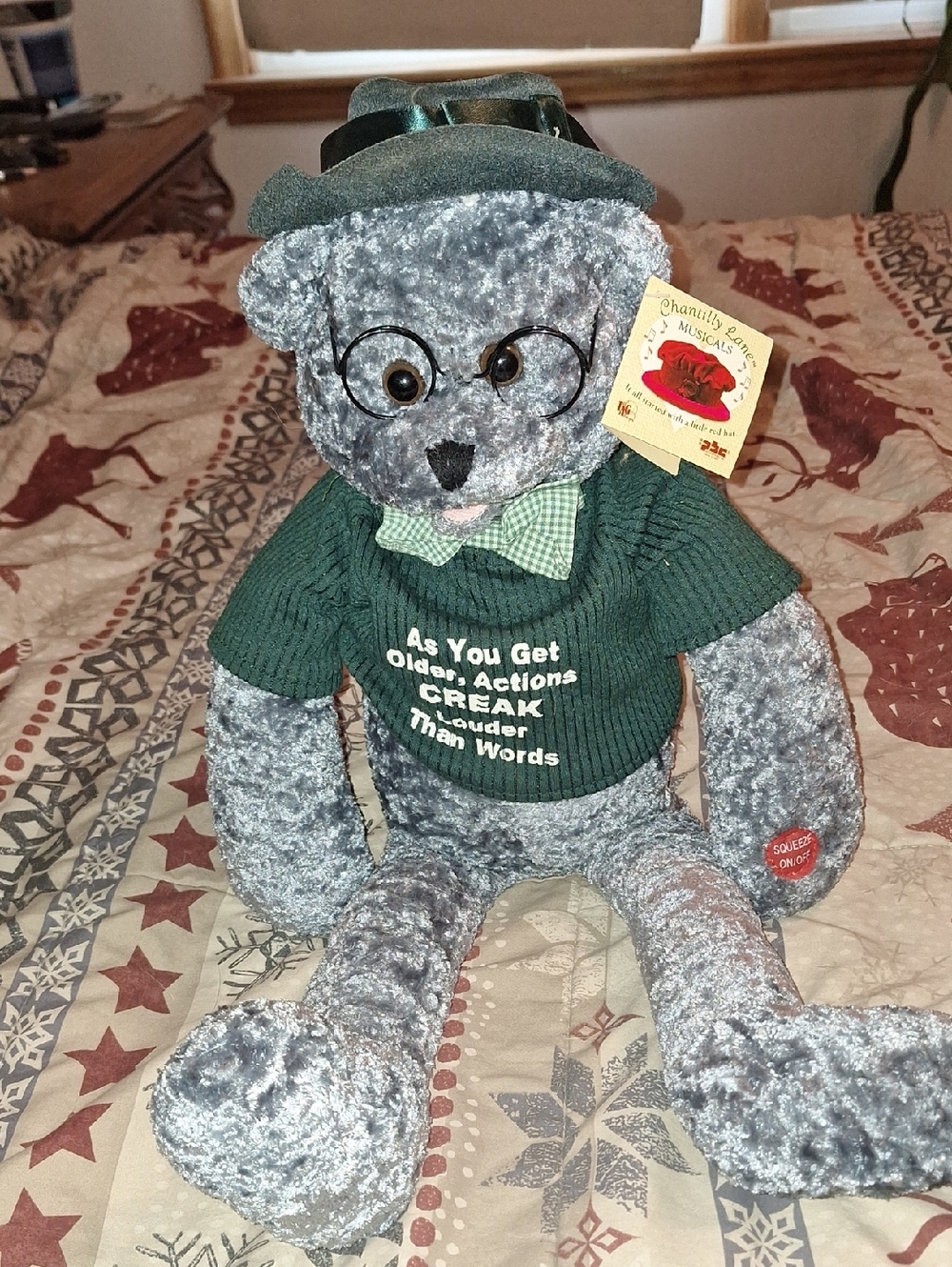 Chantilly Lane Plush Gray Animated Teddy in Green Outfit